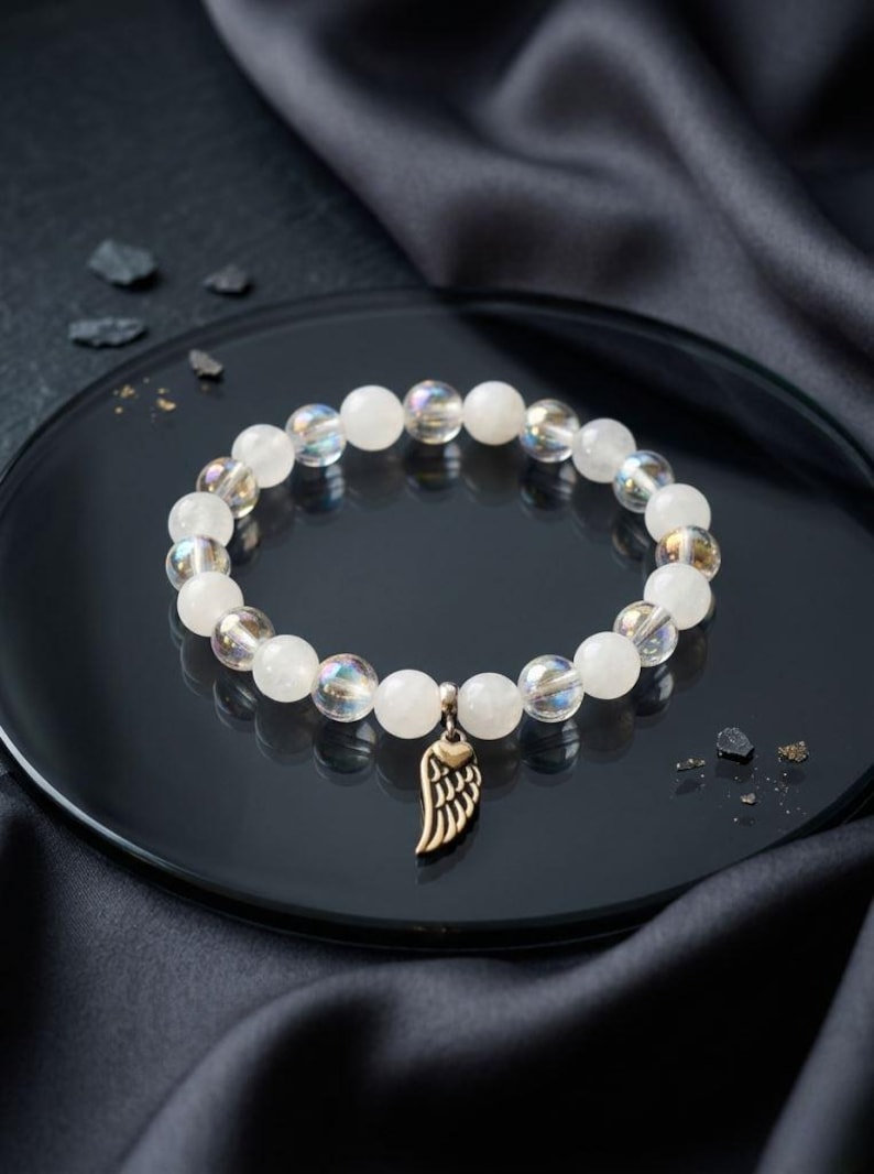 Moonstone & Angel Aura Charm Beaded Bracelet with Angel Wings – Moon Guardian | Dark Angel Design image 1