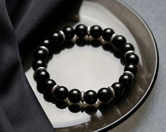 Natural stone biker bracelet with onyx and stainless steel – rocker jewelry in black with patterned rings – handmade statement bracelet - Black Steel