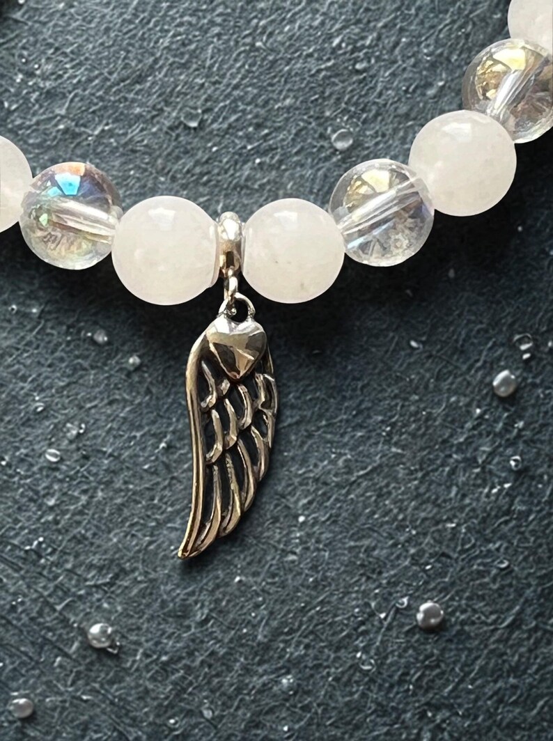 Moonstone & Angel Aura Charm Beaded Bracelet with Angel Wings – Moon Guardian | Dark Angel Design image 4
