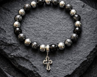 Charms Bracelet Silver Obsidian Hematite Cross Stainless Steel Gift Idea Gemstone Jewelry – Mystic Shield