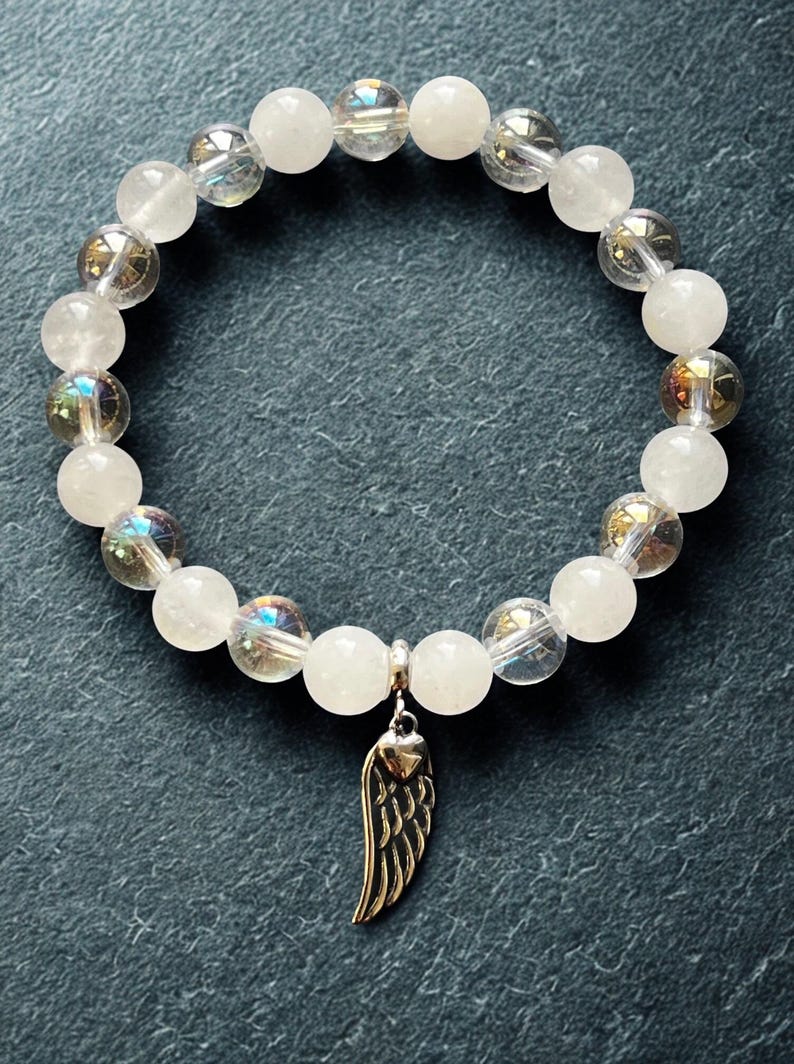 Moonstone & Angel Aura Charm Beaded Bracelet with Angel Wings – Moon Guardian | Dark Angel Design image 6