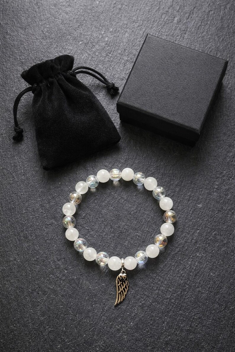 Moonstone & Angel Aura Charm Beaded Bracelet with Angel Wings – Moon Guardian | Dark Angel Design image 10