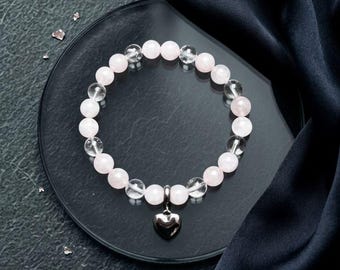 Charm Beaded Bracelet Rose Quartz & Rock Crystal with Heart – Soul Love Dark Angel Design