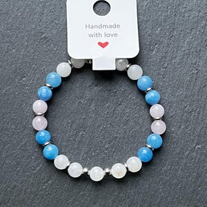Moon Glow – Bracelet with aquamarine, moonstone & rose quartz – Silver stainless steel rings – Gemstone bracelet handmade for women