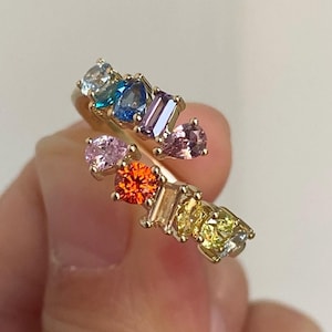Multi Color Gemstone Cocktail Engagement Ring, Multi-Stone Ring, 14K Solid Yellow Gold Open Cuff By Pass Ring, Adjustable Bridal Gift Ring