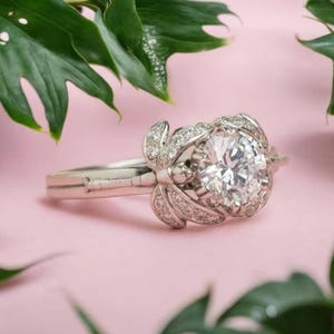 Round Cut Moissanite Wedding Ring, Vintage Art Deco Ring, 14K Solid White Gold Edwardian Engagement Ring, Antique Dragonfly Inspired Ring