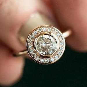 Solitaire Ring, Round Colorless Moissanite Wedding Ring, Bezel Set Engagement Ring, 14K Yellow Gold Bridal Gift Ring, Halo Anniversary Ring