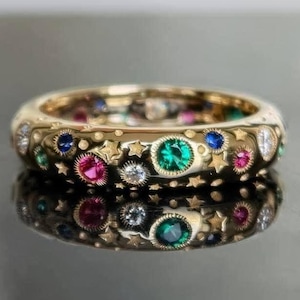 Antique Victorian Style Band, Full Eternity Band, Flush Setting Ring, Multi Round Diamond Engagement Ring, Wedding Ring In 14K Yellow Gold