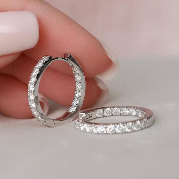 Moissanite Inside Out Hoop Earrings 2 mm Round Brilliant Cut Moissanite Hoop Earrings 14k White Gold Stud Hoop Diamond Hoop Gift Earrings