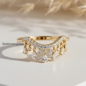 Dangling Diamond Charm Ring, Round & Pear Cut Moissanite Engagement Ring, Elegant Curved Ring, 14K Yellow Gold Diamond Stacking Charm Ring