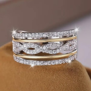Twisted Round Cut Colorless Moissanite Ring, Half Eternity Infinity Wedding Band, Rope Band, Two Tone Gold Stackable Engagement Gift Band