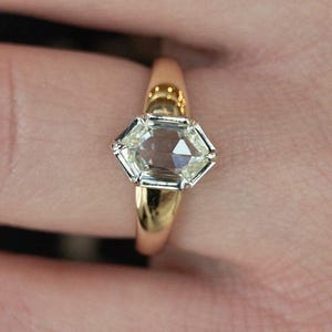 Hexagon Cut Diamond Engagement Ring, Bezel Set Solitaire Wedding Ring, 14K Two Tone Gold Ring, Anniversary Ring, Hexagon Shape Ring