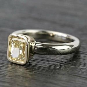 2 CT Radiant Cut Canary Yellow Diamond Engagement Ring, Solitaire Two-Tone Gold Wedding Ring, Bezel Set Engagement Anniversary Radiant Ring