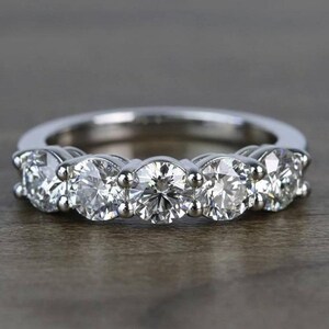 Five Stone Round Cut Colorless Moissanite Wedding Band, Stackable Engagement Band, 14K Solid White Gold Wedding Anniversary Moissanite Band