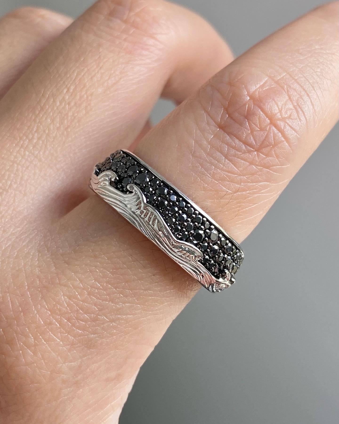 Men's Beach Style Black Diamond Wide Band, Beach Diamond Sea Waves Full Eternity Band, Cluster Wedding Gift Band, 14K Solid White Gold Band