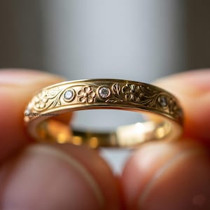 Könnte beinhalten: Nahaufnahme eines goldenen Rings mit floralen und Blattgravuren. Der Ring hat kleine, funkelnde Diamanten zwischen den floralen Designs. Der Text "GoldCrownJewel" ist sichtbar.