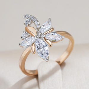 Floral Style Marquise & Round Cut Colorless Moissanite Engagement Ring, Flower Wedding Ring, Petals Halo Ring, 14K Solid Two Tone Gold Band