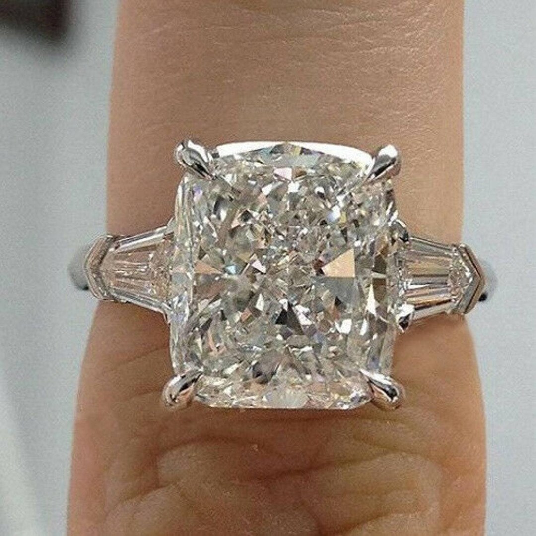 5 CT Elongated Cushion Cut Engagement Ring, Three Stone Baguette ...