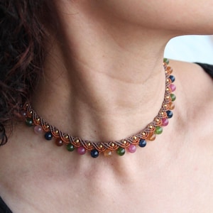Macrame Tourmaline Beads Adjustable Choker, Original Design Handmade Waxed cord Necklace, Natural Gemstone Choker,Crystal Beads,Gift for Mom