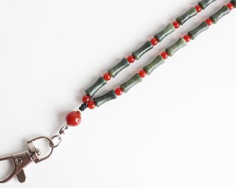 Green Jade Gemstone Lanyard with ID Badge Holder, Beaded Natural Red Agate Lanyard, Miyuki Beads, Lobster Clasp Work Accessory, Gift for Mom