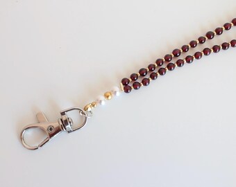 Red Garnet Gemstone Lanyard with ID Badge Holder, Beaded Natural Stone Lanyard, Miyuki Beads, Lobster Clasp Work Accessory, Gift for Mom