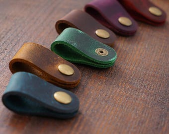 Genuine Leather Cable Organizer, Minimalist Cord Keeper, Leather Cable Tidy, Brass Snap Closure, Desk Cord Holder, Travel Cable Management