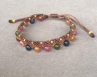 Handmade Natural Crystal Tourmaline Bracelet , Original Design, 6mm Beads, Wax Cord, Handwoven Macrame Bracelet, Positive Energy, Gemstone