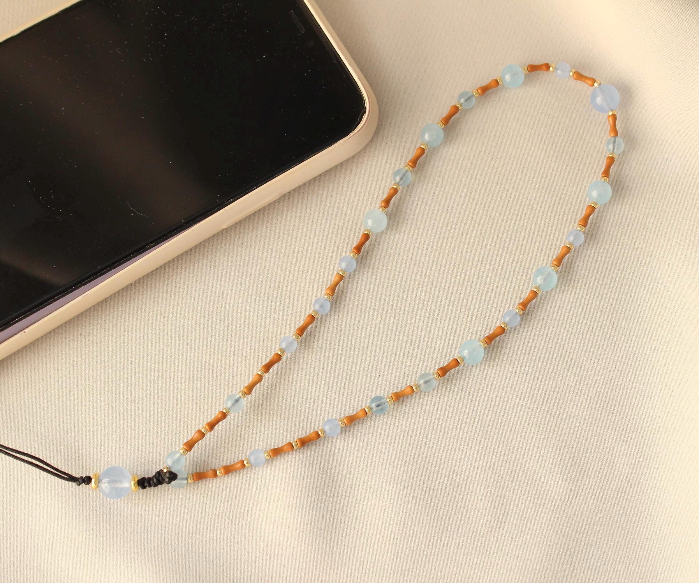 Correa para teléfono con piedra preciosa de calcedonia azul, abalorio para teléfono con cuentas de cristal natural, cadena para correa de teléfono, accesorios para teléfono, cadena para teléfono celular hecha a mano