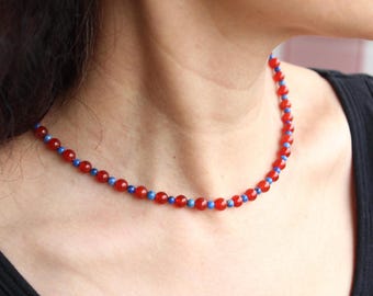 Natural Red Agate and Lapis Lazuli Beaded Gemstone Beaded Necklace, Original Designed Vintage Choker, Healing Crystal Pendant, Gift for Mom
