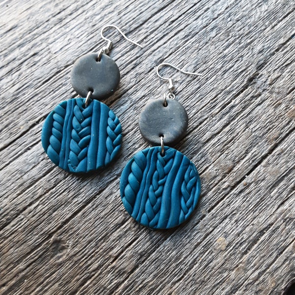Double circle blue and black knitted hook or clip-on or stud polymer clay statement earrings