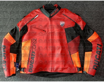 Ducati Corse Motorbike, Motorcycle, Red Cowhide & Kangaroo Leather Racing Jacket with CE Approved Removable Protections Gift for Him and Her