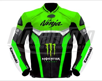 Giacca da moto Kawasaki Ninja Monster, moto, in pelle di vacchetta verde fluorescente e pelle di canguro con protezioni approvate CE