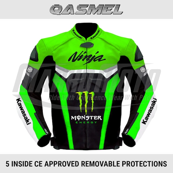 Kawasaki Ninja Monster Motorbike, Motorcycle, Fluorescent Green Cowhide & Kangaroo Leather Racing Jacket with CE Approved Protections