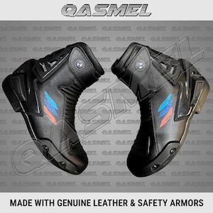 BMW M1000R motor, motorfiets, zwarte rundleer racelaarzen met CE-goedgekeurde bepantsering voor heren en dames