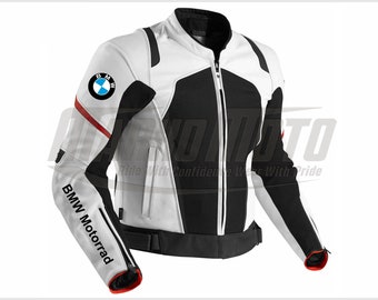 BMW Motorrad S1000RR Giacca da moto, motocicletta, in pelle di vacchetta e canguro bianca e nera con protezioni rimovibili omologate CE