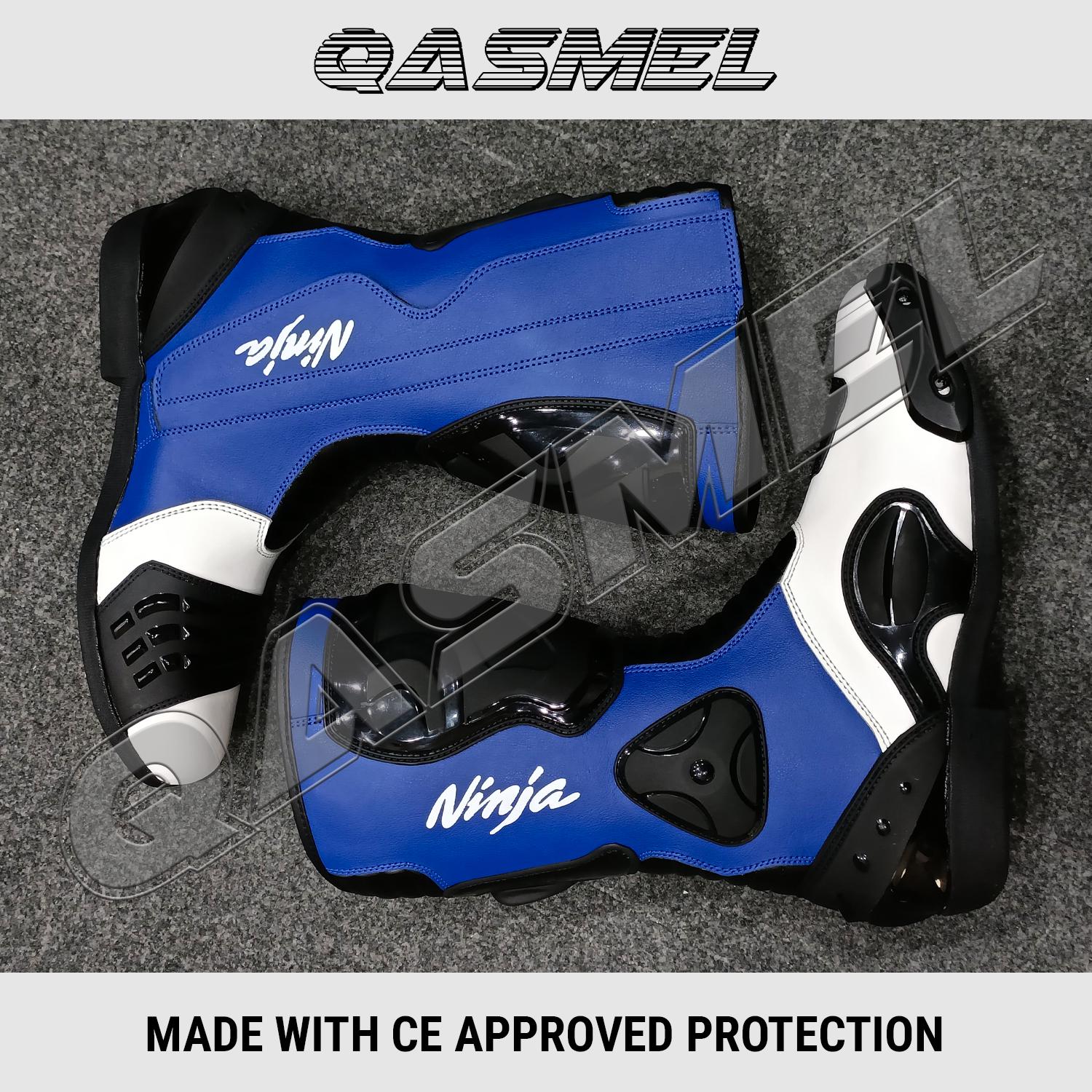 Kawasaki Ninja Motorbike Motorcycle Blue and White Cowhide Kangaroo Leather Racing Boots with CE Approved Armours for Men and Women