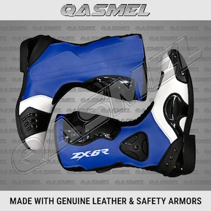 Custom Kawasaki Ninja ZX-6R motor-, motor-, blauw-witte rundleren racelaarzen met veiligheidspantser voor heren en dames