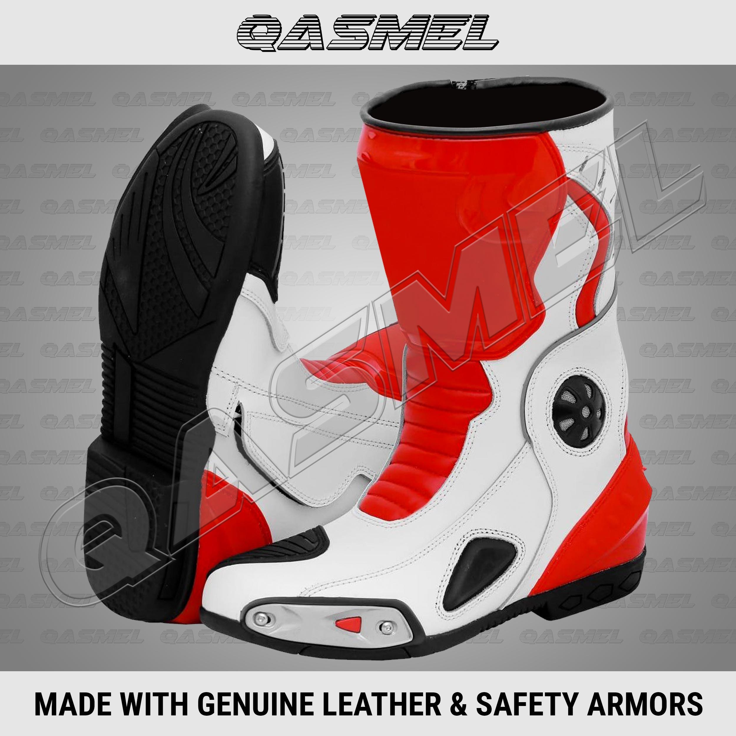 しょう出品 カスタムレッドレザーモーターサイクルレーシングブーツ、防水バイカー