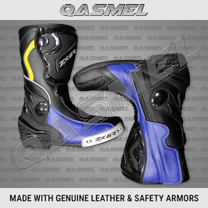 Custom motor-, motor-, blauwe en zwarte racelaarzen van rund- en kangoeroeleer met CE-goedgekeurde bepantsering voor heren en dames