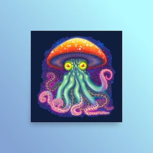 May include: A psychedelic illustration of an octopus emerging from a glowing red and yellow mushroom. The octopus has large, yellow eyes and pink tentacles.