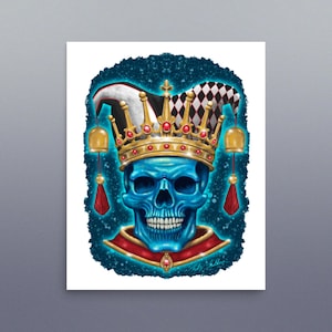 May include: A blue skull illustration wearing a gold crown with red jewels and a jester's hat. The skull has a detailed design with a red collar and a dark blue background with white speckles. The artwork is on a white background.