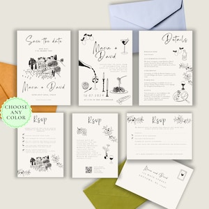 Italian Wedding Invitation template set DIY, Tuscany wedding invite, hand drawn retro illustrations, customize, doodle handwritten vintage