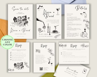 Conjunto de plantillas de invitación de boda italiana DIY, invitación de boda en Toscana, ilustraciones retro dibujadas a mano, personalizar, garabato vintage escrito a mano