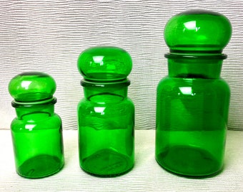 3 Bocaux en verre d'Apothicaire à Bulles vert "Container Made in Belgium " vintage 60/70s