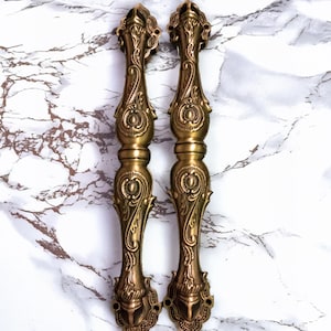 Antique Brass Door Handle Set: Handcrafted Floral Engravings, 35cm Pair