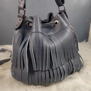Fringe Leather Bucket Bag | Real Cowhide Crossbody Bag for Women | Boho Western Handbag | Drawstring Purse | Custom Colors Available