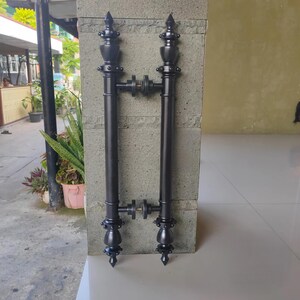 Antique Black Brass Door Handle Set | 65cm Ornate Double Pulls | Vintage Handcrafted Door Hardware for Home Entryway 2pcs