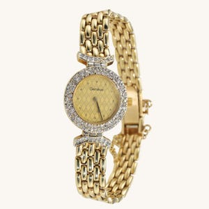 Original GENEVE 14K GOLD Ladies Watch with Factory Set Diamonds, All SOLID Gold Swiss Made Wristwatch, 6.25 inch Wrist Size
