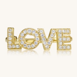 Anel de diamante LOVE • Anel de diamante cultivado em laboratório de ouro 14K • Anel de promessa de 0,25 CTW • Anel de ouro delicado Presente para ela | Perfeito para uso diário