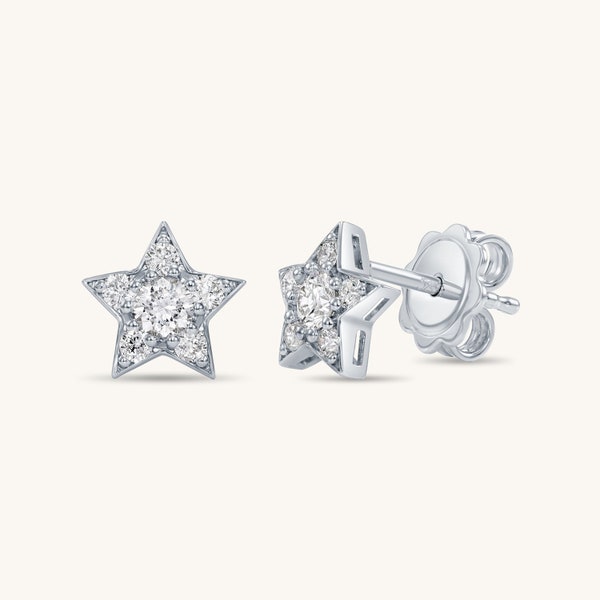 14K Solid Gold and Diamond Star Stud Earring with Push-Backs | Dainty Diamond Star Shape Earring | Everyday Jewelry for Women | Diamond Stud